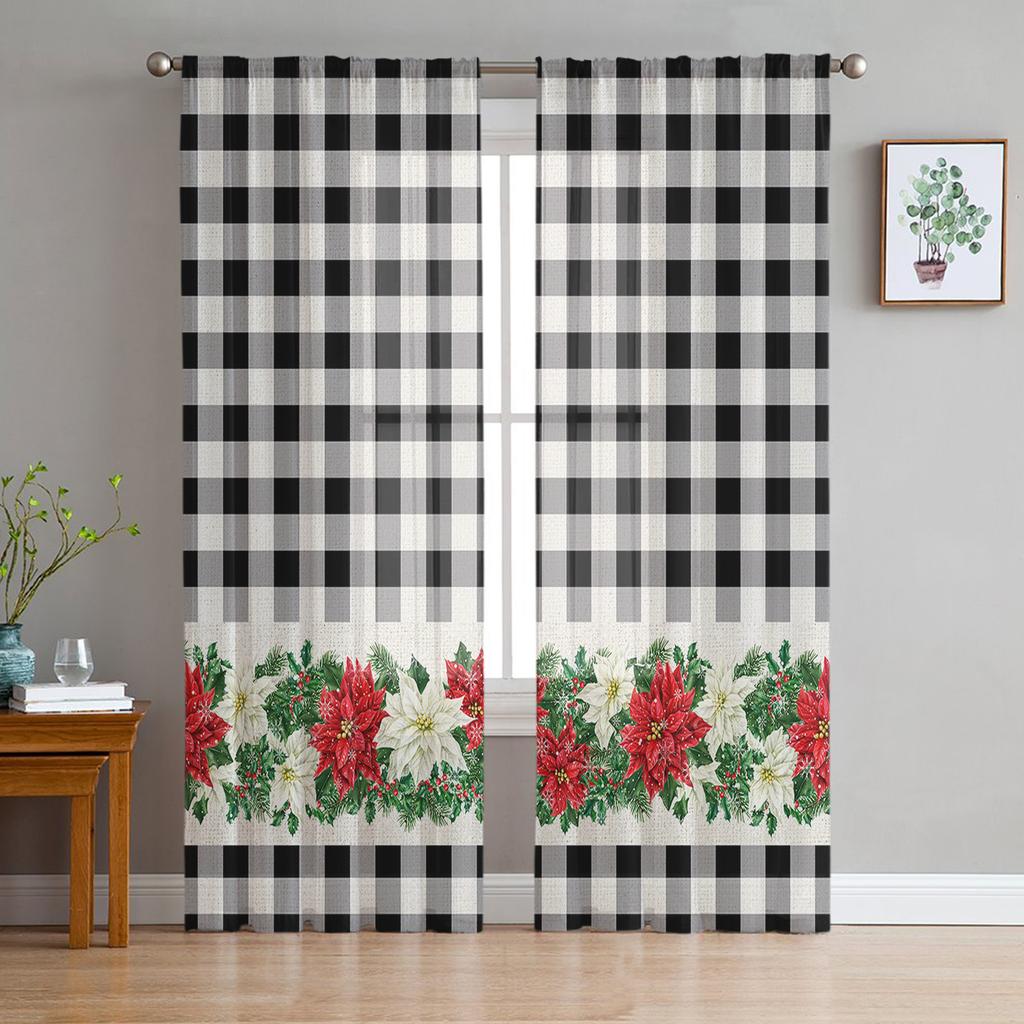Christmas Poinsettia Berries Sheer Curtains For Kids Bedroom Living Room Voile Curtains Xmas Kitchen Tulle Curtain