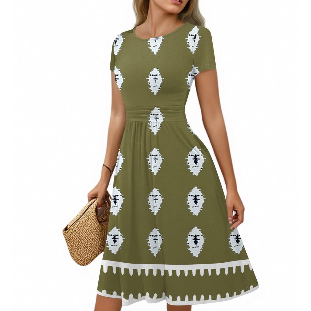 Women's Casual Fashion Round Neck Pleated Short Sleeve Bohemian A-Line Midi Dress