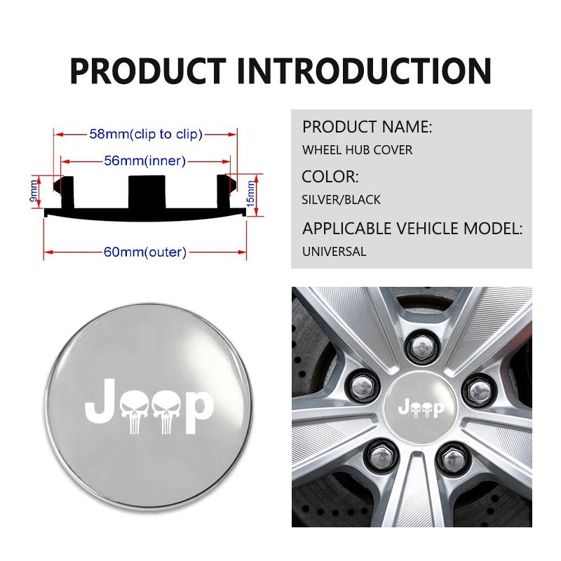 For Jeep 4pcs 56mm 60mm Car Wheel Center Caps Hubcap Cover Cherokee Wrangler JK Gladiator Compass Renegade Patriot AMO1