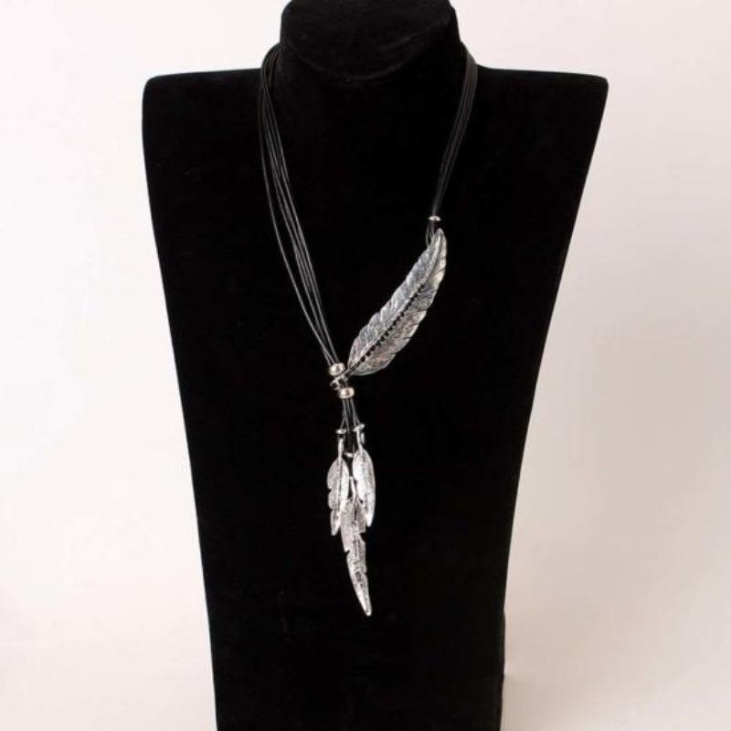 Bohemian Damen Strass Feder Anhänger Kunstleder Seil Halskette Schmuck