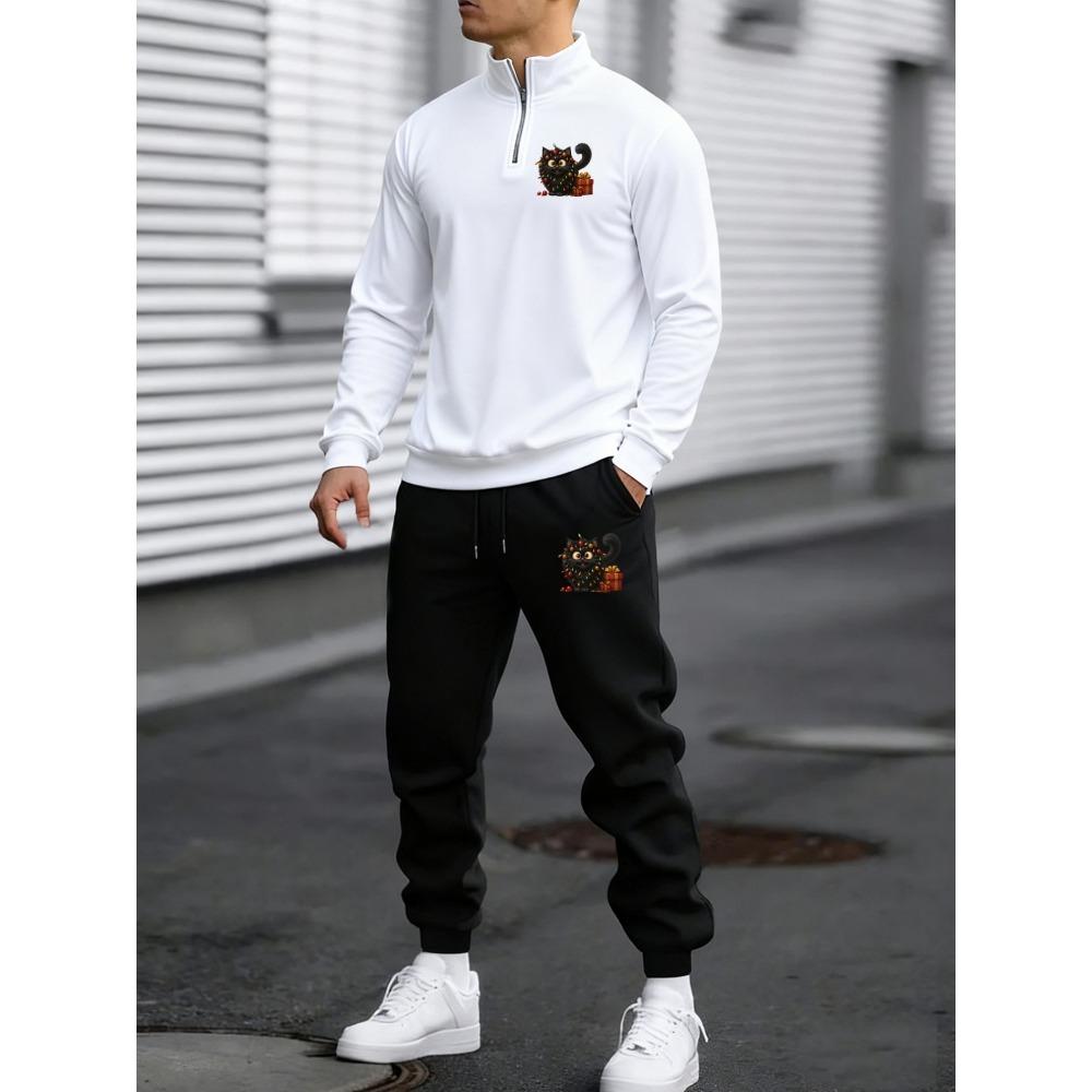 Christmas Cat Holiday Decoration Print, New Men's Zipper Shirt Sports Shirt Pants Two Piece Set, Fashionable and Fun Set