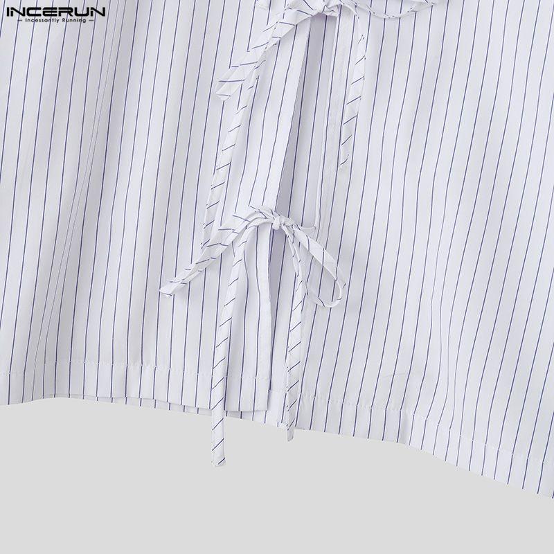 INCERUN Men Lapel Neck Short Sleeve Striped Lace-up Casual Loose Oversized Shirts