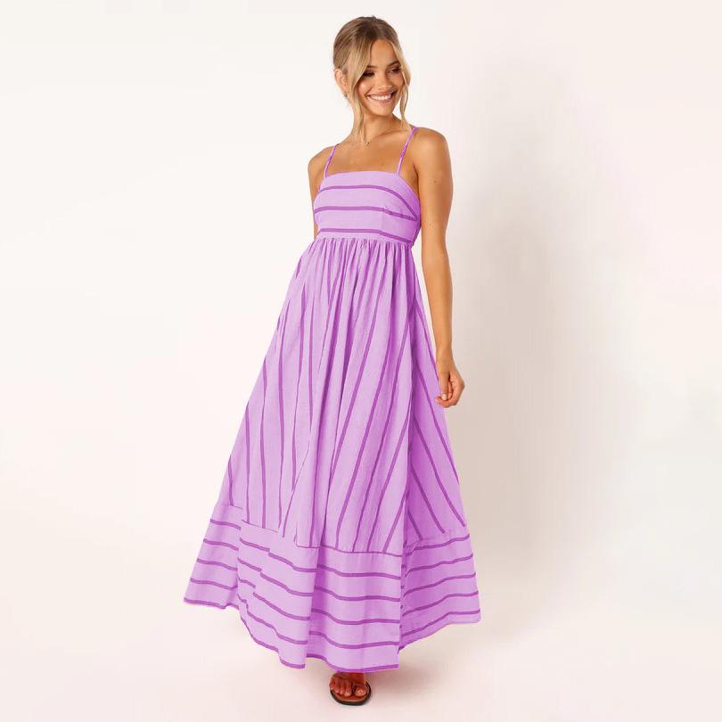 Women Spring Sleeveless Striped Slim Suspender Camisole Dress Summer Casual Ankle-Length Backless High Waist Loose Dresses S-XL