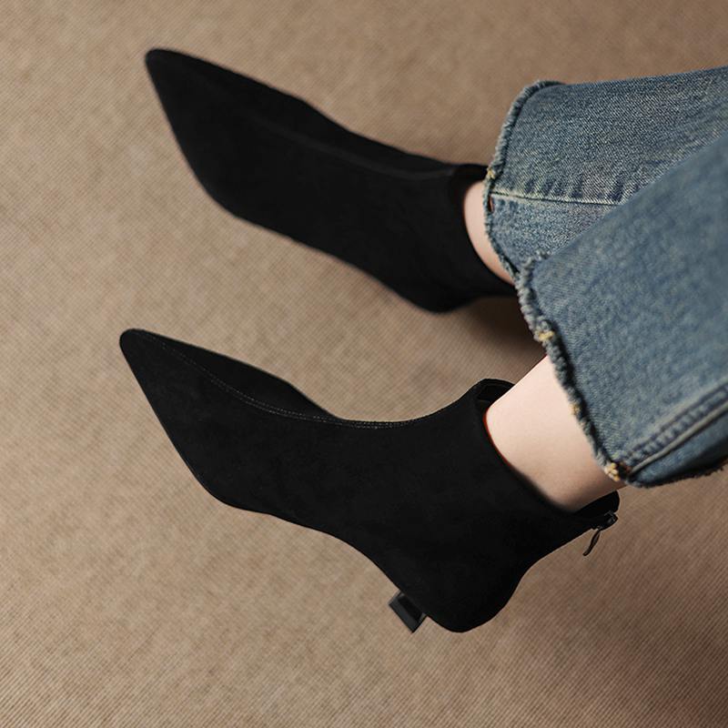 Krazing Pot Cow Suede Nubuck Winter Pointed Toe Preppy Style Stiletto Thin Med Heels Women Zip Women Ankle Boots