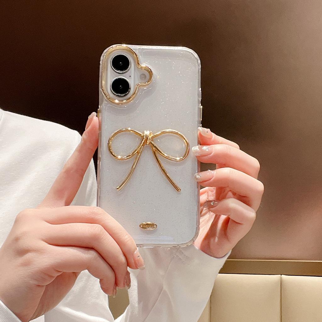 For iPhone 16 Plus Case Gold Bow Epoxy Design TPU + PC Phone Back Cover