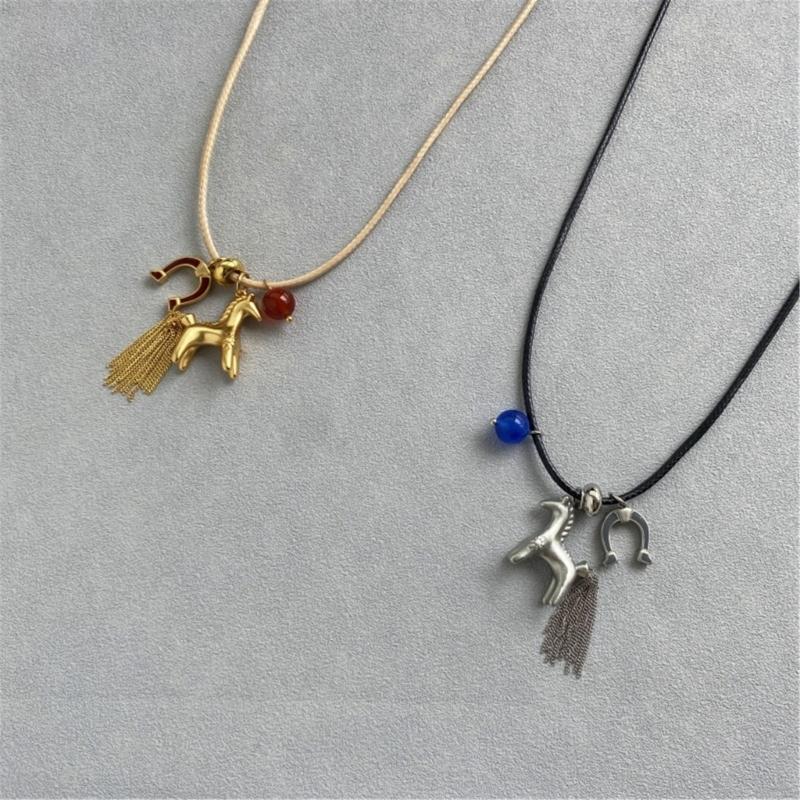 Lightweight Horse Charm Tassels Necklace Stylish Wax Rope Neck Chain Stylish Neck Jewelry Gift For Sister Best Friend