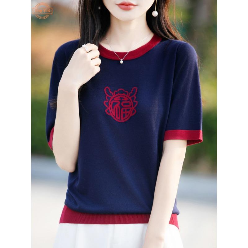 

Летний новый тонкий женский топ больших размеров с короткими рукавами, круглым вырезом и футболкой Tencel XXL темно-синий