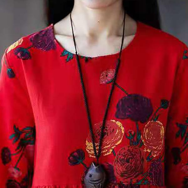 Ladies Spring and Autumn Long-sleeved Dress Retro Loose Large Size Ethnic Style Long Print New A-line Skirt