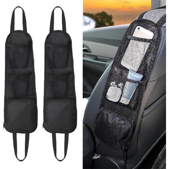 Car Organizer Front Seat, 2PCS Multi-Pocket Car Storage Organizer with Mesh Net, Durable Car Camping Essentials, Universal Car Seat Side Organizer