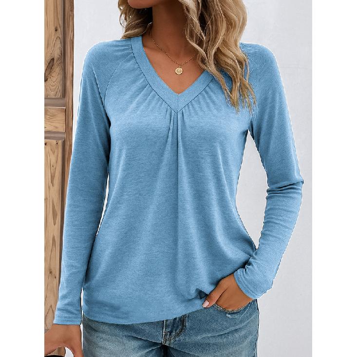 

2026 New Women s Casual Long-Sleeve V-Neck T-Shirt Solid Color Versatile Top S небесно-голубой