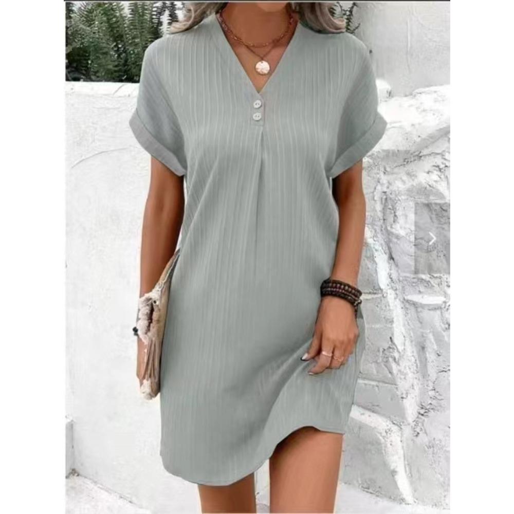 Women's V-Neck Solid Color Pullover Dress, Comfortable Casual Button-Down Midi Dress ,Casual V-Neck Solid Dress, Soft Pullover Style Button Dress