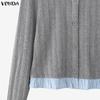 VONDA Womens Crew Neck Striped Stitching Texture Casual Cropped Fitted Tops Blouse