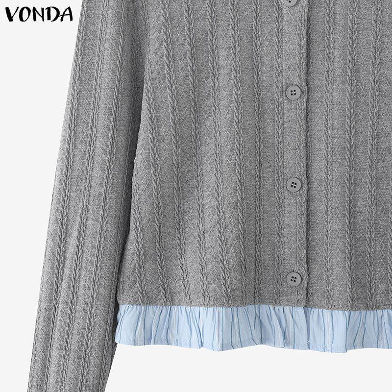 VONDA Womens Crew Neck Striped Stitching Texture Casual Cropped Fitted Tops Blouse