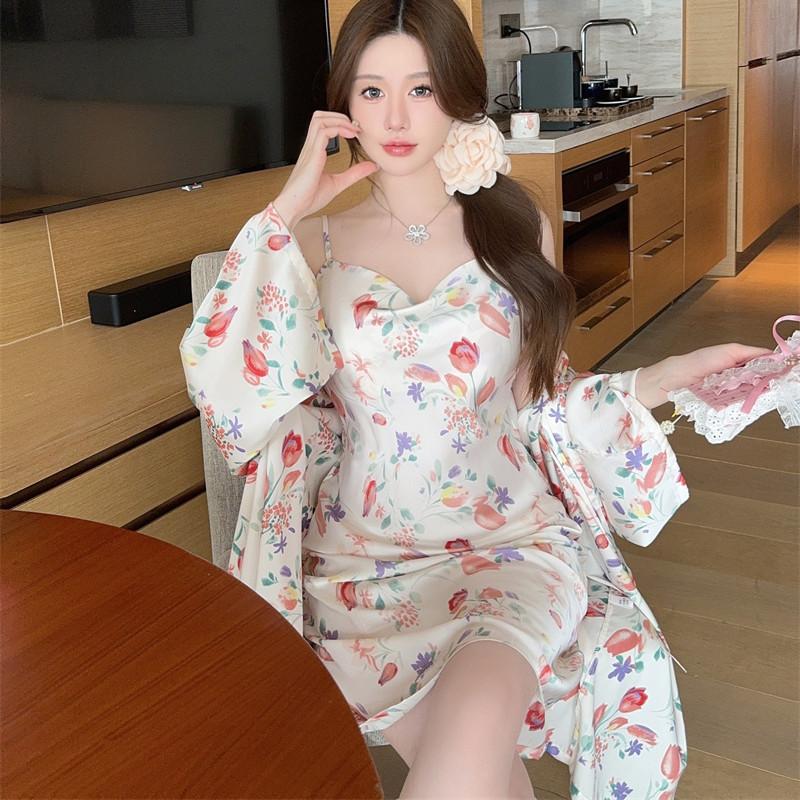 Swinging collar sexy pajamas women's summer new ice silk high-end printing suspender nightdress nightgown loungewear two pieces