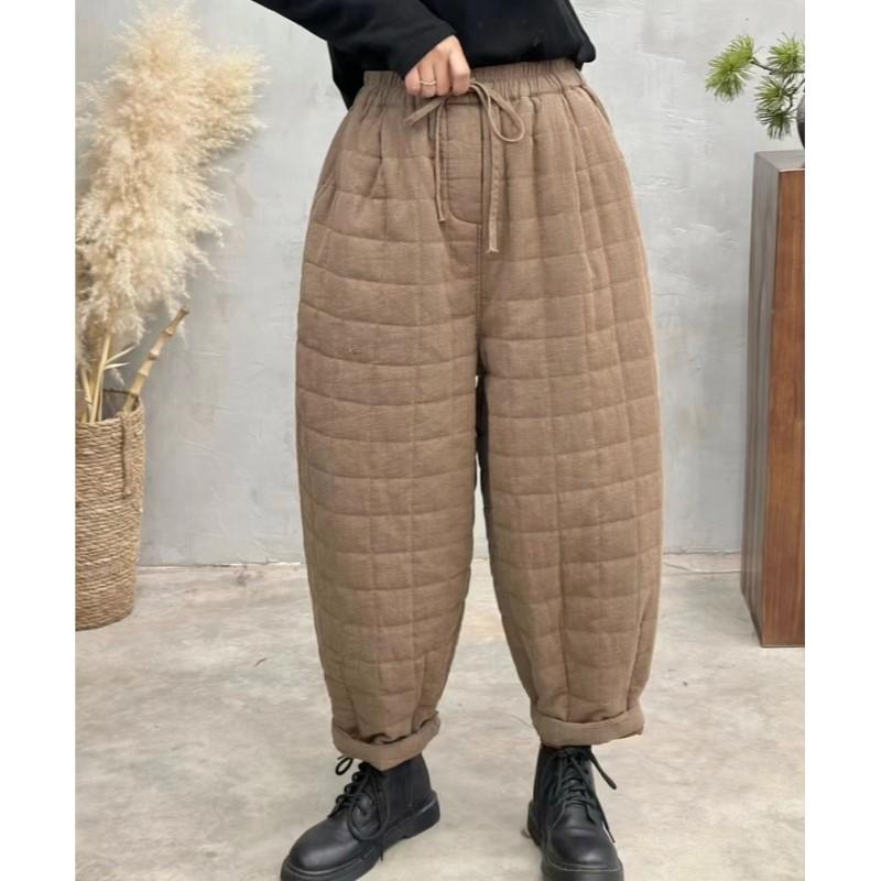 Johnature Woman Winter Vintage Solid Color Harem Pants Elasticated Waist Chinese Style Loose Pants
