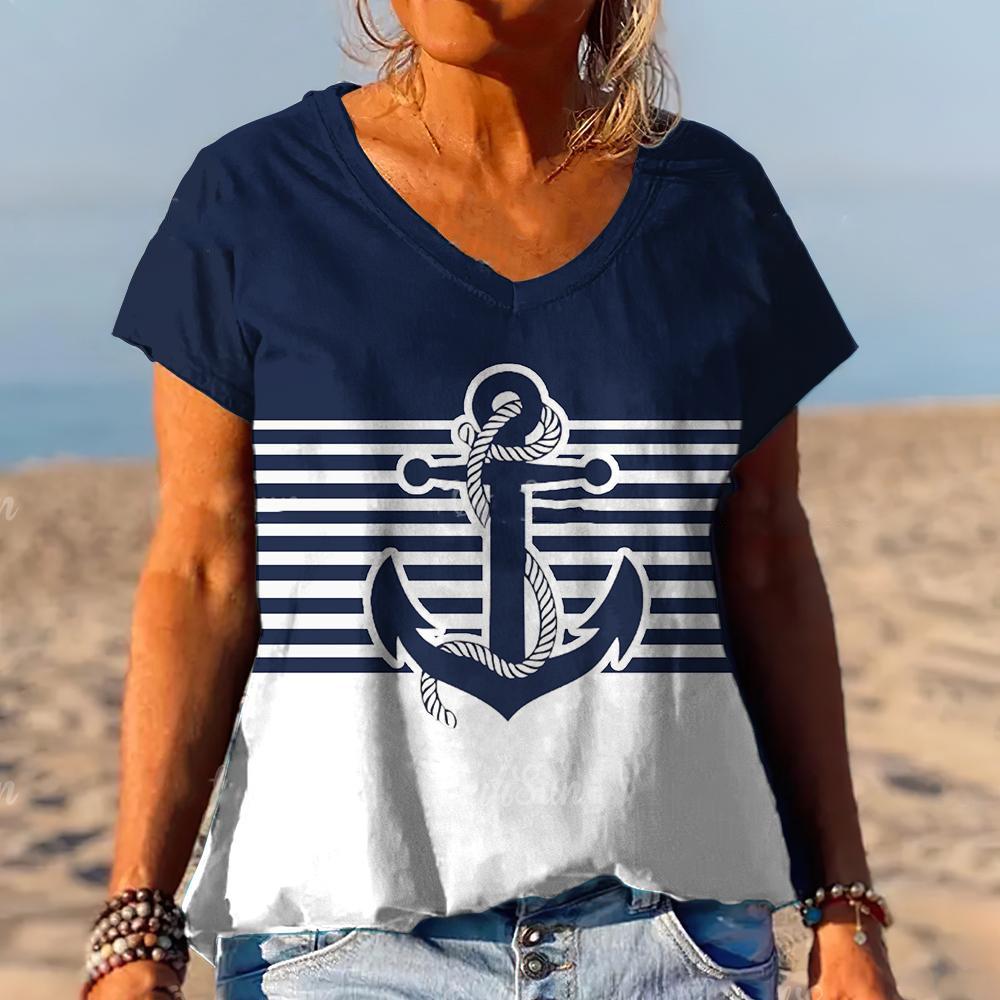 Summer Striped Anchor 3D Print T-Shirts Women V-Neck Short Sleeve T Shirt Y2k Harajuku Tees Casual Loose Tops Female Clothing
