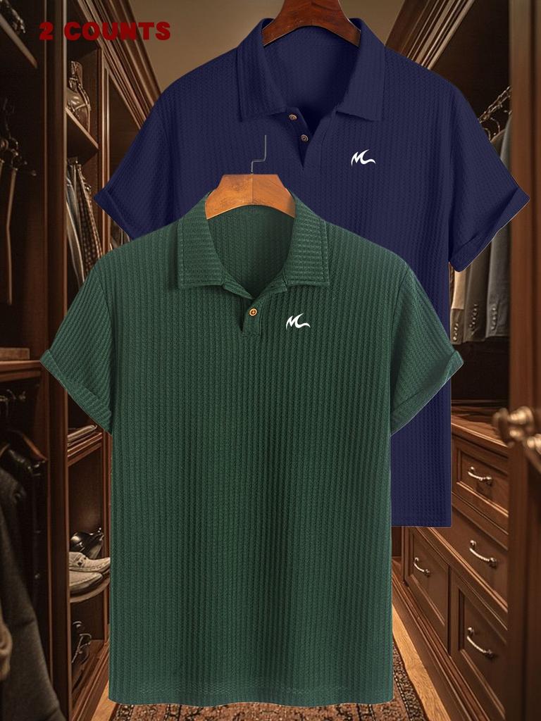 2pcs Men's Work Shirts with Print Textured Jacquard Short Sleeve Golf Polo Shirts Casual Comfortable Soft Knit Lapel Collar for Daily Business Wear