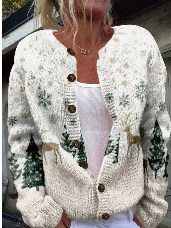 2025 Autumn/Winter Animal Print Round Neck Cardigan Sweater