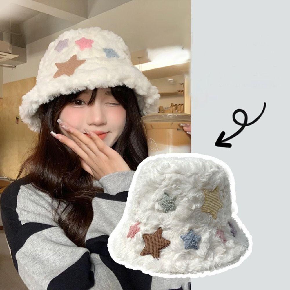 Star Plush Fisherman Hat Casual Bucket Hat Female Foldable Panama Hat Autumn and Winter Cute Warm Ear Protection Hat