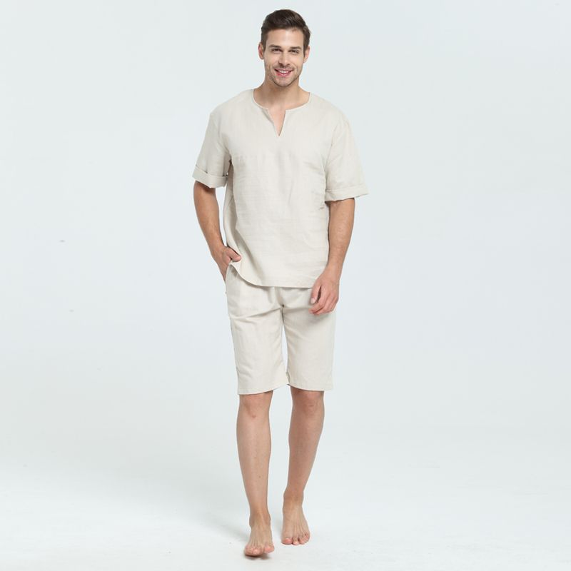 

Natural Cotton and Linen Top Suit Men Summer Cotton and Linen Thin Pajamas Two-piece Set Short Sleeve Shorts Homewear Creamy-white XL