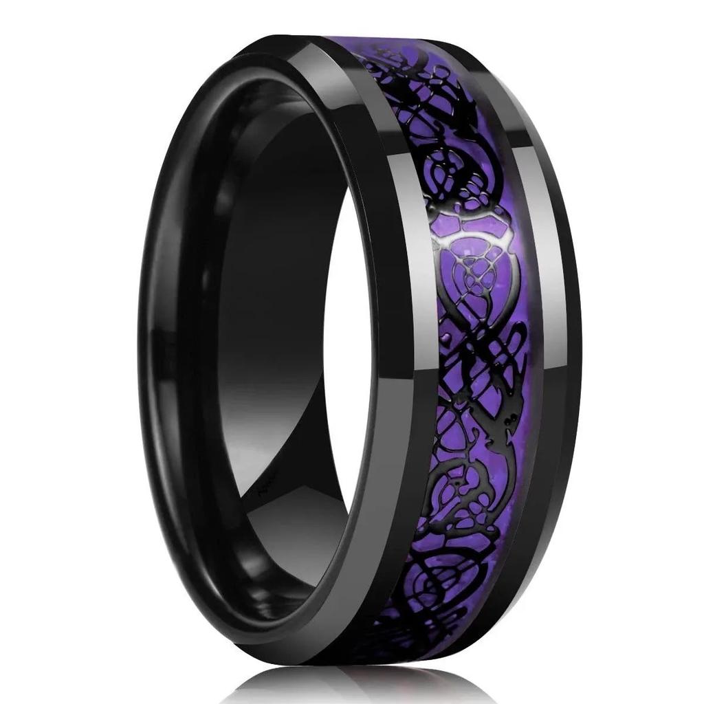 30 Colors Fashion 8MM Men Stainless Steel Celtic Dragon Rings Inlay Carbon Fiber Rings For Men Women Wedding Party Jewelry Gifts