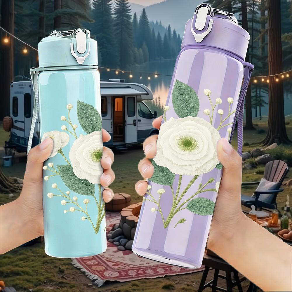 1PC Single White Peony Bloom 750ml Color Plastic Sports Water Bottle Leakproof Flip Straw Lid For Sports Office Home Use