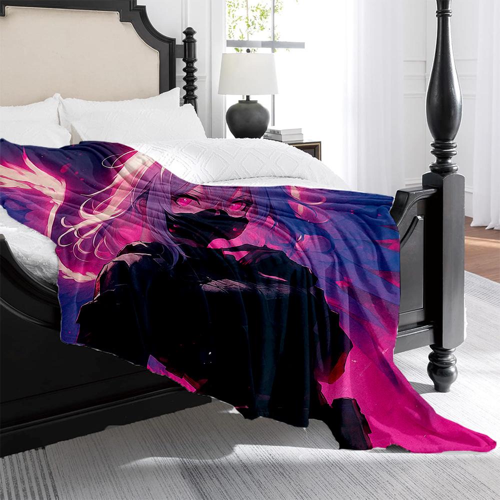 1pc Gothic Anime Angel Blanket - Heavyweight Plush Flannel All-Season Soft Bedspread with Dark Purple & Pink Winged Design, Mach