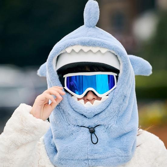 Women Winter Hat Full Protection Cartoon Shark Shape Thickened Plush Drawstring Adjustment Windproof Warm Outdoor Skiing Cap