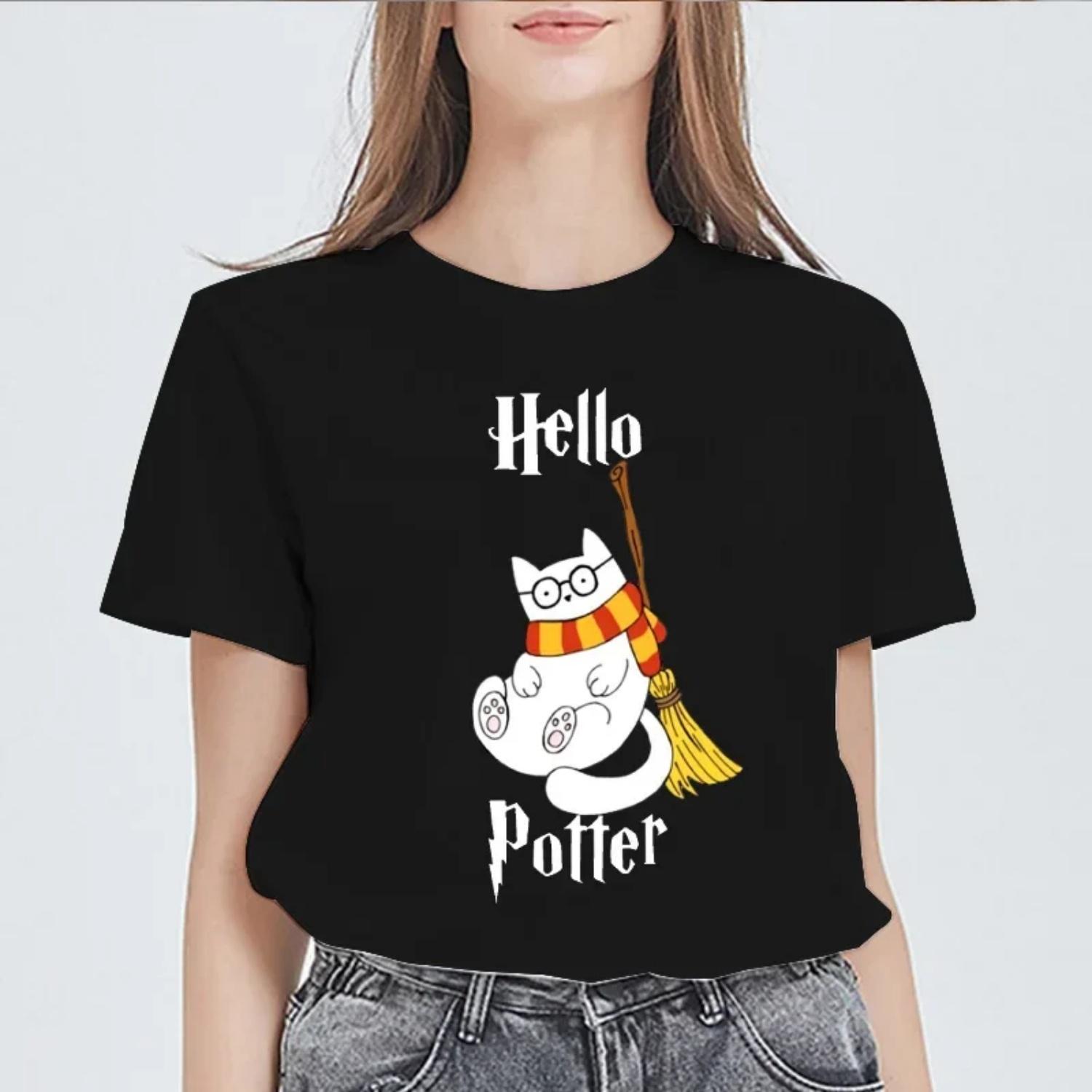 

Women T-shirt 2025 Cartoon Potter cats Summer Print Lady T-shirts Tops Kawaii Clothing Short sleeve Graphic Female Tee T-Shirt S чёрный