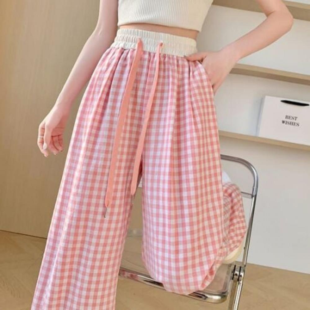 Navava Women Casual Check Banding Thin Pants Np335