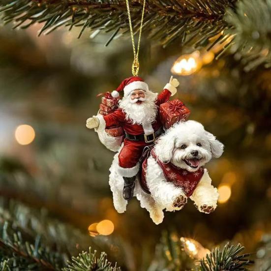 Santa Claus Dog Christmas Ornaments Funny Santa Claus Riding Puppy Ornaments 2D