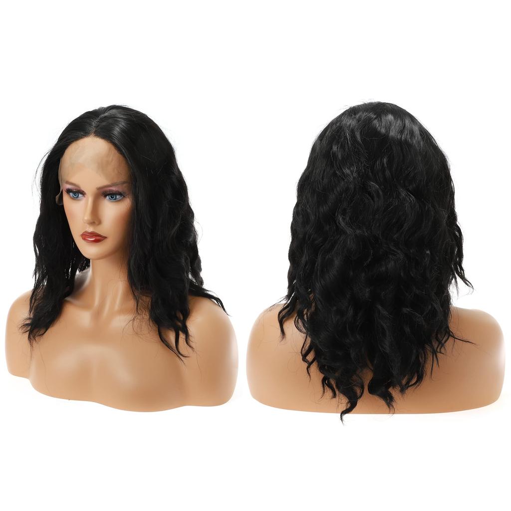 VOCOSTE Heat-Resistant Lace Front Wig, Medium Long, Fluffy, Curly, and Wavy, for Girls, Everyday Use, Synthetic Fiber, Black, 30.5 cm