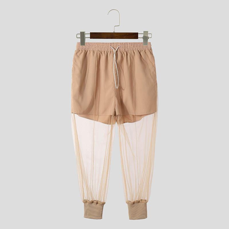 

INCERUN Men Drawstring Elastic Waist Long Patchwork Mesh Harem Pants L коричневый