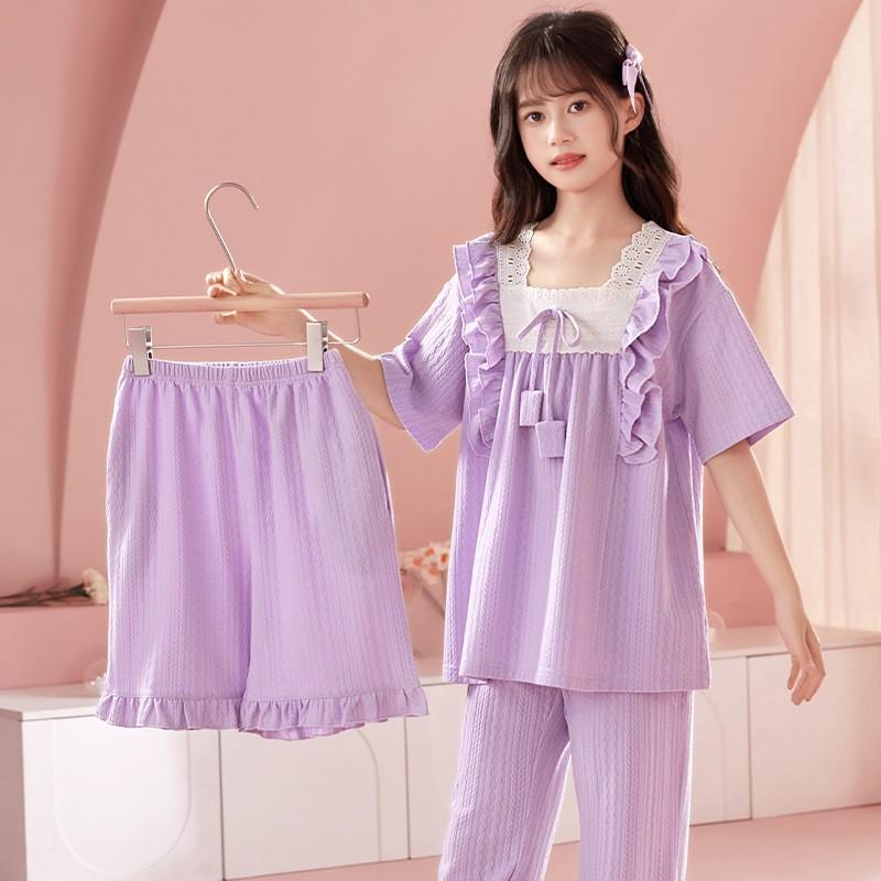 Girls Cotton Pajama Set Short Sleeve Princess Style Sleepwear Kids 8 Years Lightweight Home Wear