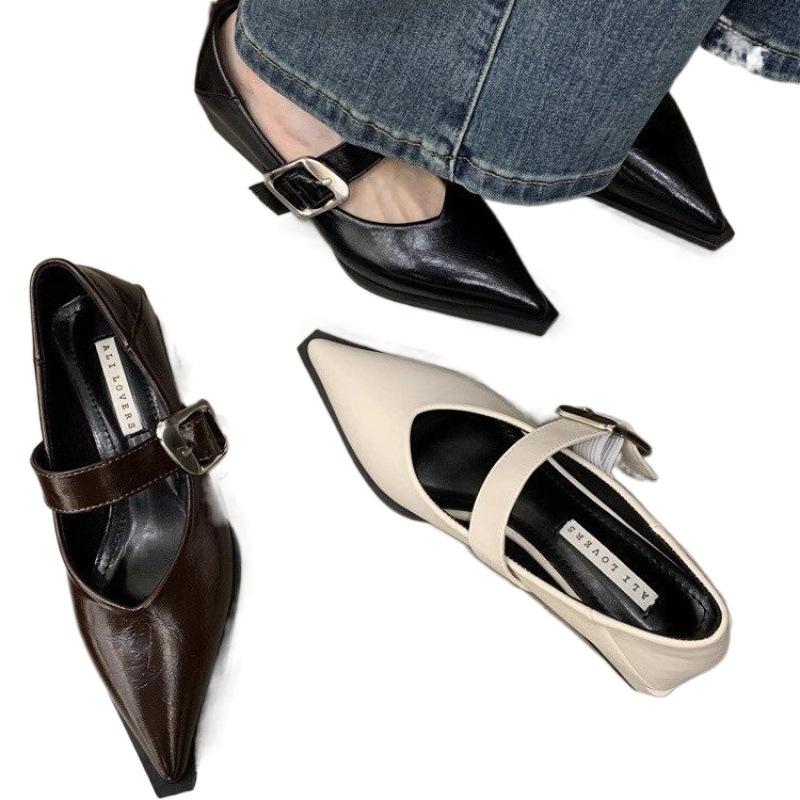 Spring new pointed Mary Jane shoes shallow mouth one word belt buckle retro versatile thick heel single shoes women's shoes
