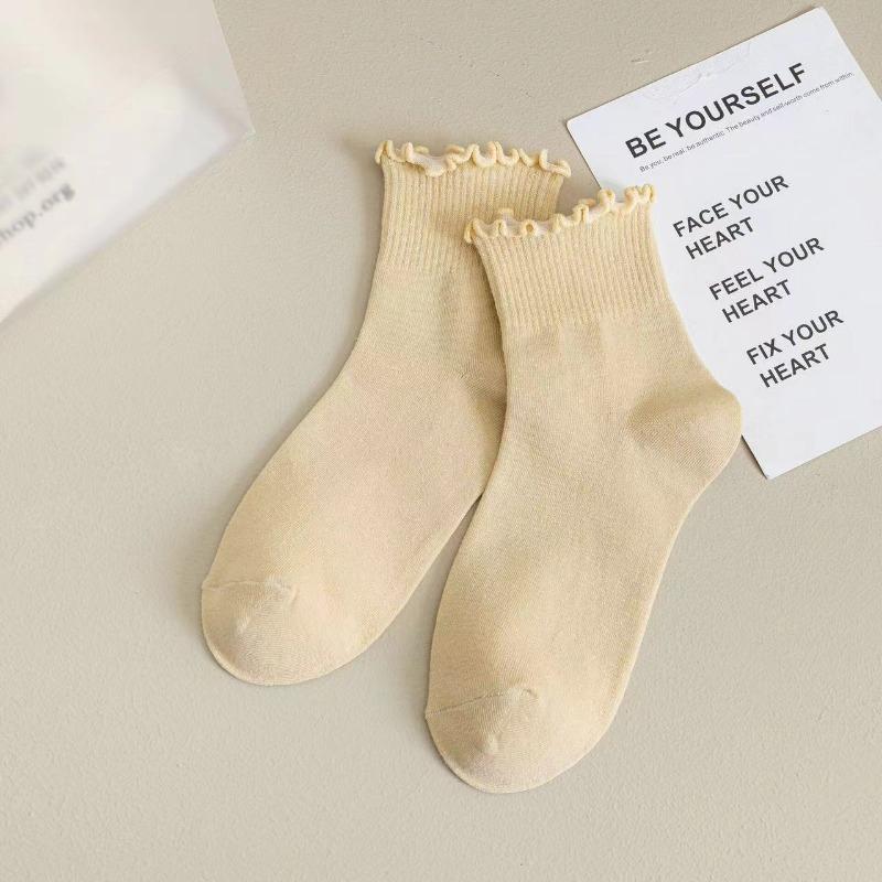 

Носки средней длины с оборками Женские Дышащие Однотонные Набор Весна и Осень Комфортные Влаговпитывающие Носки для Девочек One Size бежевый