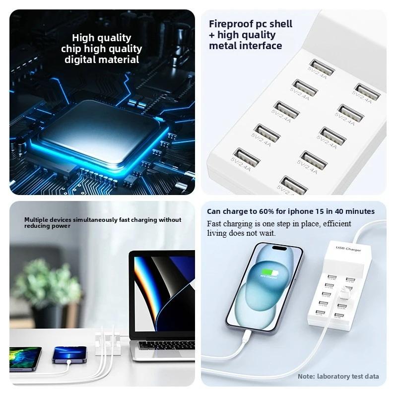 US/EU Smart 10-Port Fast-Charging USB Charger for Mobile Phones Flat Panel Home Office Power Station with Travel Usage Features