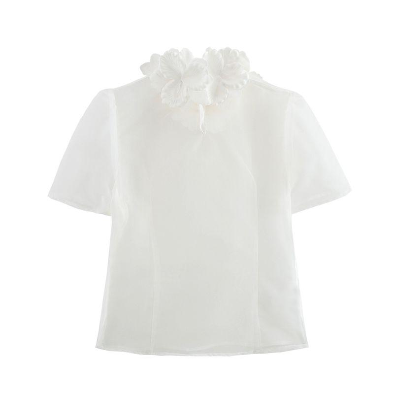 Jnleaog Spring New Arrival Women's Clothing Fashion Style French Fashion Elegant Three-Dimensional Flower Decoration Transparent Shirt