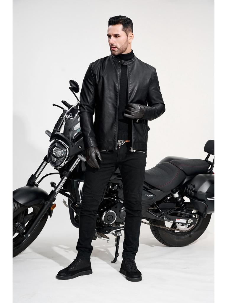 Men's PU Leather Motorcycle Jacket, Casual Retro Stand Collar Outerwear