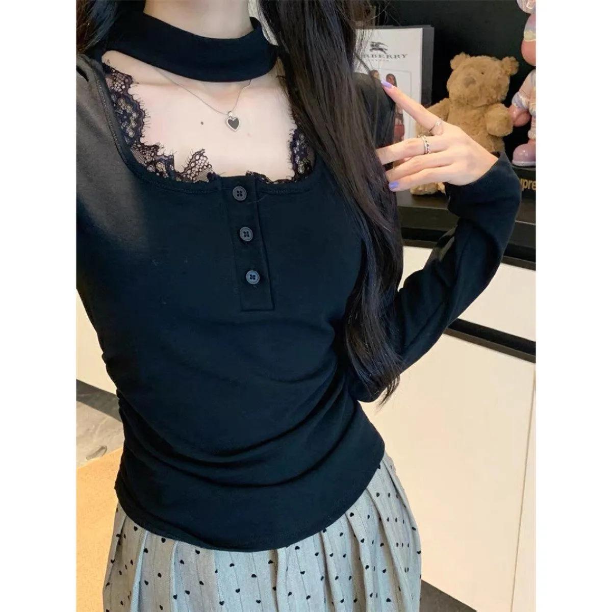 

Korean Style Halter Square Neck T-shirt for Women - 2025 Autumn/Winter American Niche Solid Color Lace Patchwork Trendy Top Small чорний