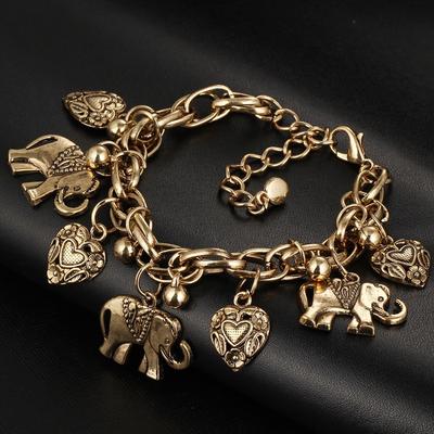 Fashion Celebrity Creative Design Classics Vintage Bracelet Unique Elephant Carved Romantic Heart Model Shiny Bead Pendant Personality Bracelets