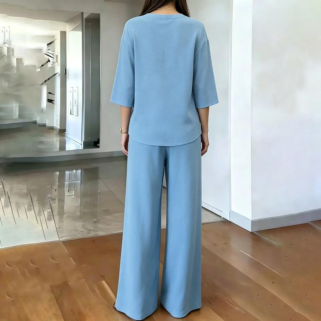 Women's Solid Color V Neck Half Three Quarter Sleeve Straight Leg Two Piece Set Spring Casual Outfit Comfortable Loose Fit
