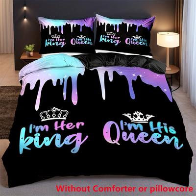 2/3pcs Crown King & Queen Letter Print Duvet Cover Set (1 Duvet Cover + 1/2 Pillowcase, Without Core), Soft Comfortable Couple