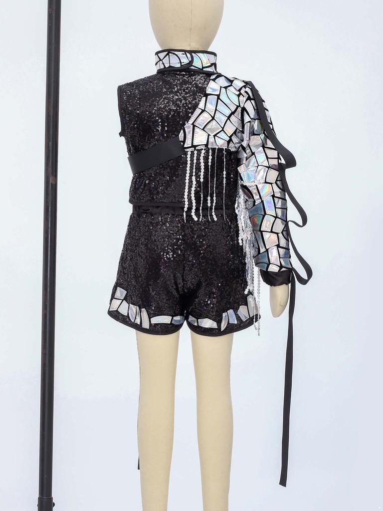 Completo Hip Hop Danza Bambini Top Corto Senza Maniche Zip Up Laccato Paillettes Shorts Set Maniche con Nappe Staccabili