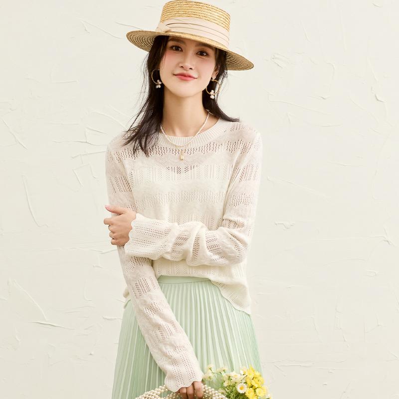 2025 Spring New Style Round Neck Micro Trumpet Sleeve Hollow Knitted Shirt for Women