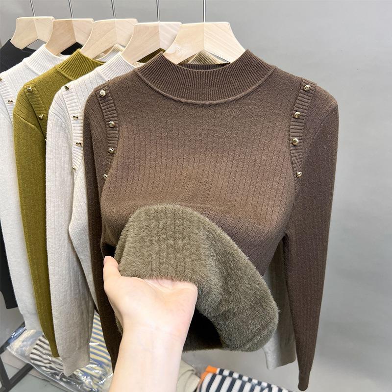

New autumn and winter thickened semi-turtleneck integrated fleece knitted bottoming shirt with fleece inside sweater top women average size [recommended 80-60kg] темно-коричневого