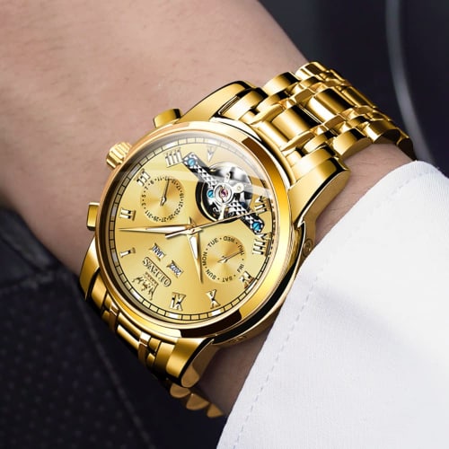 OLEVS Herre Gullklokke Stilig Automatisk Vanntett Dato Selvlysende Business Skjelett Armbåndsur Populært Merke