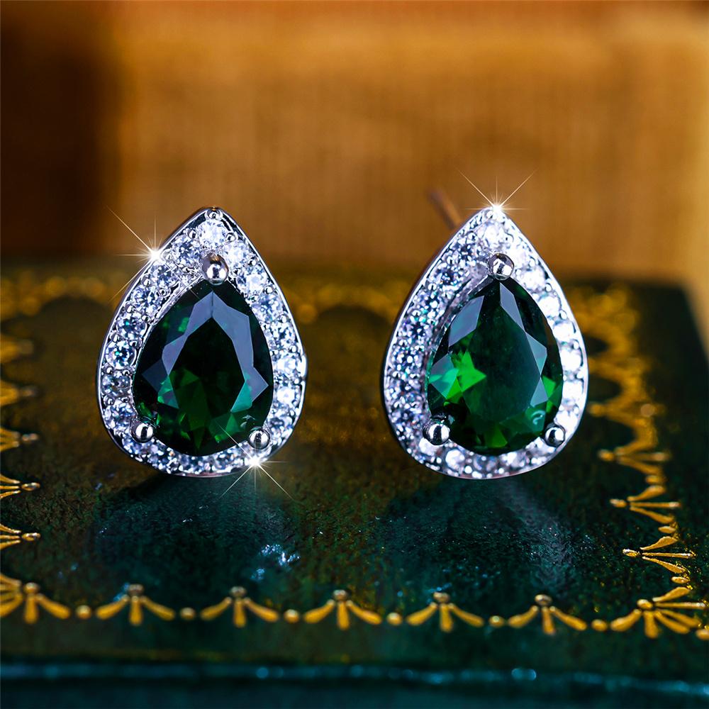 

Boho Female Crystal Green Blue Stone Small Silver Color Stud Earrings Vintage Party Wedding For Women зелений
