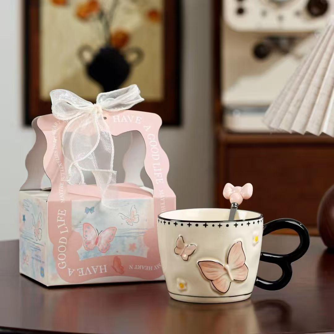 

3D Butterfly Makeup Cup Coffee Cup High Beauty Couple Best Friend Gift Female Office Milk Tea Drinkware Gift Box Packaging 401-500ml