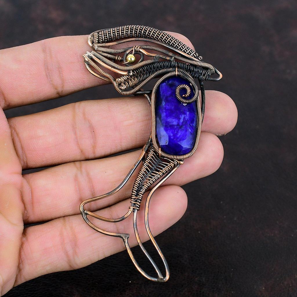 Faceted Blue Sapphire Pendant Copper Wire Wrapped Pendant Handmade Fish Pendant Copper Wire Wrap Jewelry Gemstone Pendant Anniversary Gifts